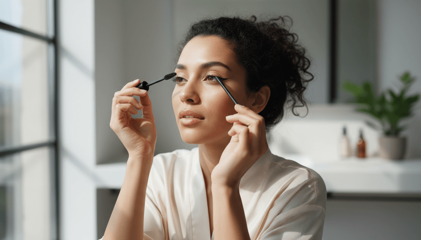 Woman confidently applying mascara and eyeliner in natural lighting